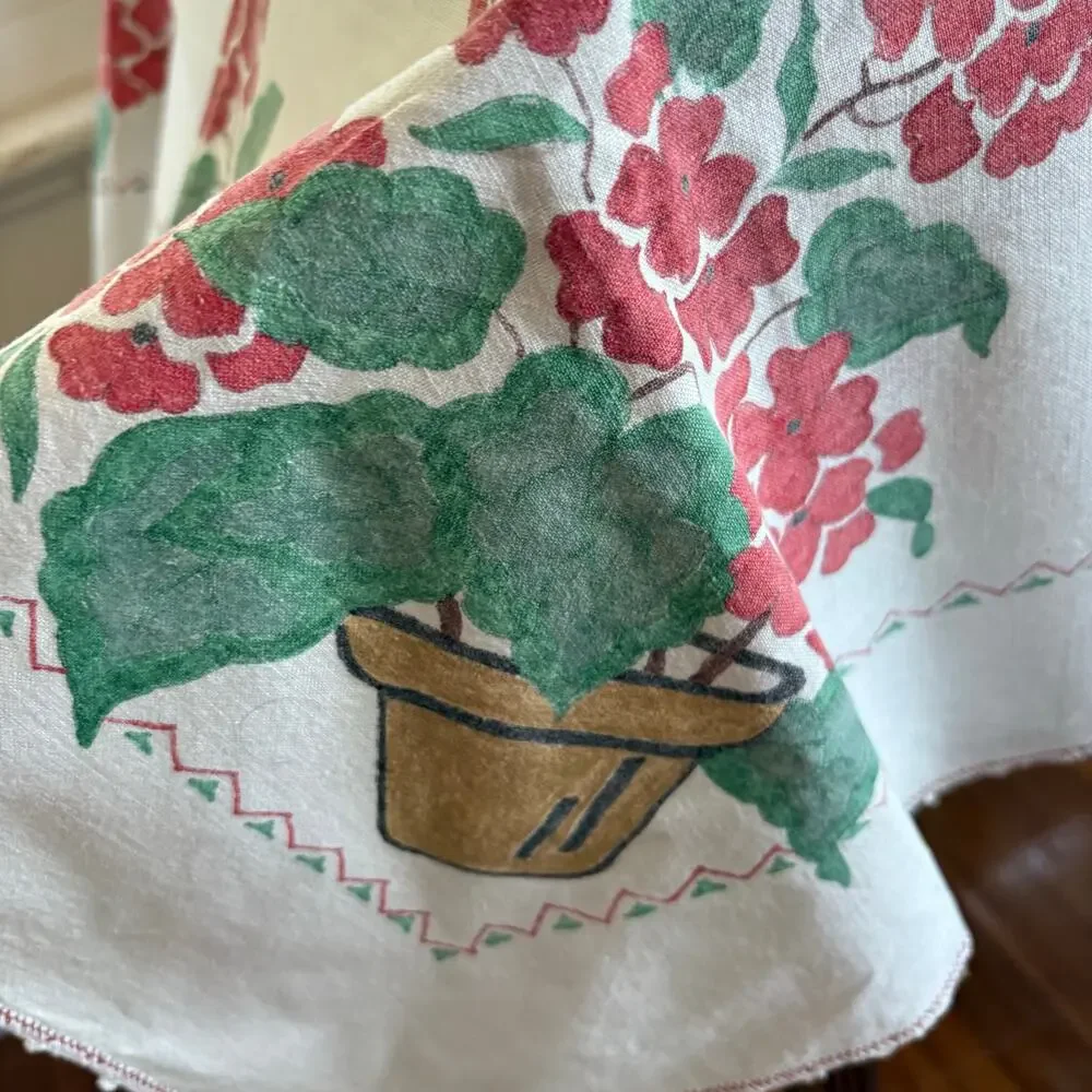 Vintage Hand Painted Tablecloth Napkin Set Red Flowers Cottage Style
